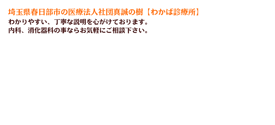 埼玉県春日部市の医療法人社団真誠の樹【わかば診療所】わかりやすい、丁寧な説明を心がけております。内科、消化器科の事ならお気軽にご相談下さい。